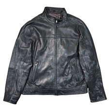 Marks & Spencer Real Leather Bomber Jacket Biker Y2K Retro Black Mens Medium