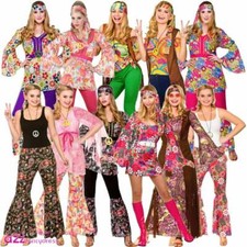 Ladies 60's 70's Hippie Costumes Flower Power Retro Festival Fancy Dress UK 6-28