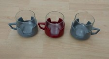 3 x JAJ Pyrex Vintage Glass Cups & Plastic Holders Burgundy & Grey Tea Coffee 