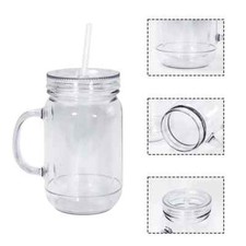 Plastic Drinking Cup / Mason Jar / Double Wall With Handle, Lid & Straw - 20oz