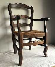 French rustic armchair for child / doll in bent wood with coloured strung seat.