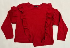 Ladies BERSHKA Long Sleeve Ribbed Jersey Cropped Top wt Ruffle Trim UK S Red