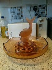 Vintage Art Deco Josef Inwald Pink Glass Fish Flower Frog & Bowl, Complete Set