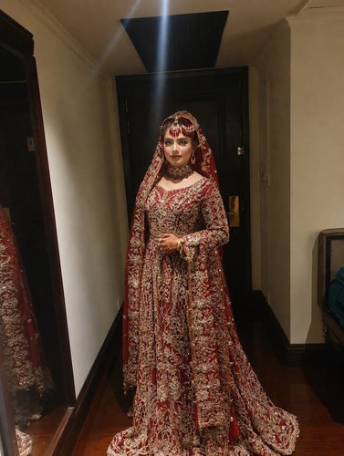 Women red net bridal - red,