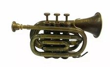 Antique Brass Pocket Bugle Horn w/ 3 Valves & Mouthpiece Nautical Gift Trumpet