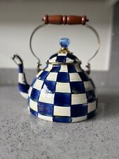 Mackenzie-Childs Brand New:  Royal Check Blue Enamel Tea Kettle Large - 3 Quart