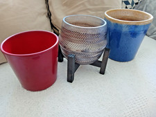 House Plant Pots x3 - Blue Pot Red Ceramic Patterned Glass Brown Tint Wood Stand
