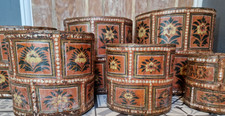 Set of  Six Vintage Staved Hand Painted Folk Art Nesting Wood and Metal Barrels