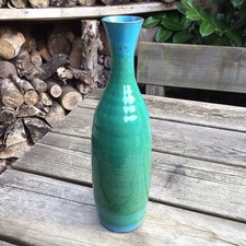 Vintage Blue Green Glazed Bermuda Studio Art Pottery Slim Neck Vase 12.25” Tall