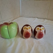 Carlton Ware Pottery Salt And Pepper Pots Cruet c70s Robin and Apple 