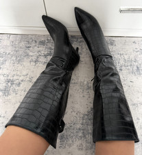 Womens Black Croc Effect Knee
