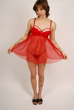 Y2K Victoria's Secret Babydoll Dress (32C) medium red vintage lingerie sheer