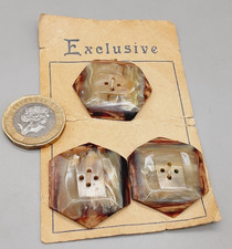 3 Vintage Shades of Cream & Brown Bakelite? Hexagonal Buttons on Card  33mm 