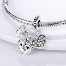 Sterling Silver S925 New Baby Feet Dummy Heart Dangle Charm Baby Shower Gift