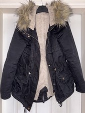 Ladies H&M Black Fleece Lined Fur Trimmed Hooded Fish Tale Coat, EUR 36, UK 8