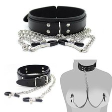 Leather Choker Collar With Clamp Clip Chain Couple BDSM Bandage Adult Sex Games