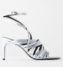 Zara Iridescent Silver Multi Strap Mid Heel Sandals Size 4 37