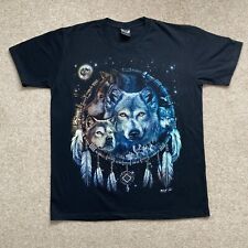 Wild Mens Black T-Shirt Wolfs Dream catcher Moon Feathers Lightly Used Size L