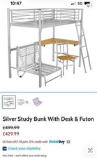High Sleeper Silver Metal loft Bunk Bed with Futon, Desk & Chair, space saving 