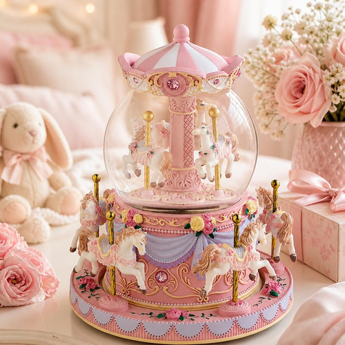 Pink carousel snow globe music - snow,
