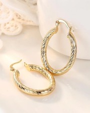 9ct Gold Ladies Stunning Oval Shape Engraved Pattern Hoop Earrings Gold Filled 