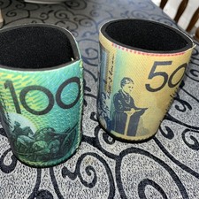 Two Stubby Holder Can Coolers Australian $100 note & $50 note