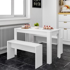 3 PIECE WHITE DINNER SET KITCHEN DINNING TABLE W/ BENCH LONG STOOLS COMPACT HOME