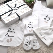 PERSONALISED BABY GIFT box set Unisex footprint baby shower new baby  babygrow