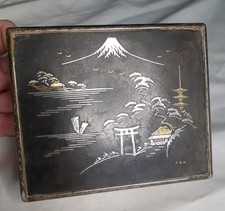 Antique Mount Fuji Japan Komai Damascene K24 Inlaid Gold, Silver Cigarette Box