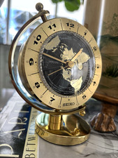 Seiko Quartz Globe Desk Clock World Time Japanese Precision Rotating Metal Body