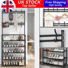 New Coat and Hat Stand 8 Hooks Metal Shoe Rack 5 Tiers Shelf Hanger Black Shelf