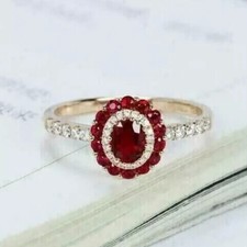 Oval Red Diamond Double Halo Engagement Wedding Ring 14K Yellow Gold Finish