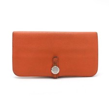HERMES Dogon Recto Verso Long Bi-fold Wallet Leather Bi-color Orange Salmon Pink