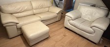 Cream 3-Seater Leather Sofa and Armchair with Matching Footstool