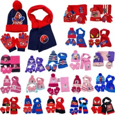 3Pcs Set Spiderman Elsa Beanie Hat Scarf Gloves Kids Boys Girls Winter Warm