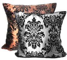 Large Flocked Damask Filled Cushions Silver or Brown Decorative Sofa Pillows