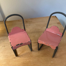 Pair of Vintage Dolls house metal chairs - pink cantilever style - unusual 