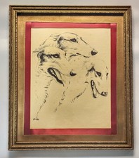 VINTAGE Signed ARDIETTA Borzoi Print Russian Wolfhound Sketch Ornate Gold Frame