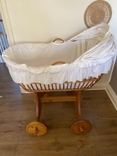 Vintage Wicker Rattan Baby Crib Cot With Wheels Mattress And Inner Cover