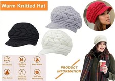 Ladies Peaked Knitted Beanie Hat Ear Warmers with Peak Cap Thermal Warm Thick