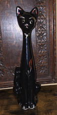 Vintage 1960s Black Cat Long Neck Ceramic Vase/Scoop Head/ Tall/Cat Lovers Decor