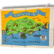 VTG Teatowel 1970 Sussex map Tea Towel retro kitch farmhouse cottage 99