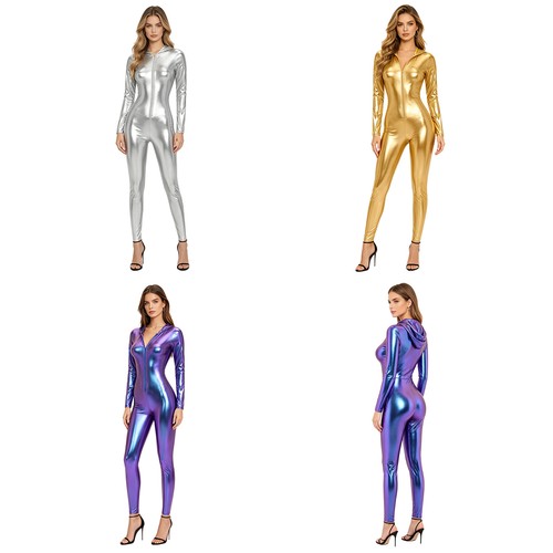 Women hooded jumpsuit wet look - hooded,