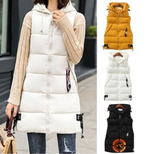 WOMENS LADIES LONG LINE HOODED PUFFER GILET JACKET PADDED VEST TOP BODY WARMER