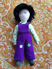 Male rag doll, vintage Laura Ashley material, wool dungarees, removeable clothes