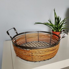 Vintage Tiki Round Metal Wire Wooden Fruit Basket Bowl Kitchen Storage
