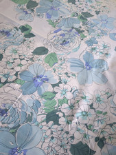 Vintage double flat sheet blue green flowers Danville retro fabric 70s