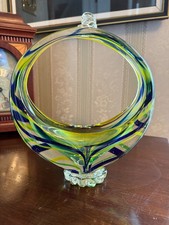 Romanian hand blown glass Blue green clear basket bowl statement piece stunning 