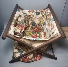 Vintage Mid-Century Wood Folding Knitting Basket Bag Groovy Floral Sewing 