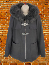 WOMENS ZARA XL BLACK DUFFLE STYLE FAUX FUR HOOD WOOL WARM WINTER  COAT JACKET